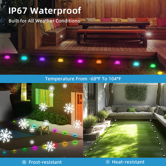 Outdoor Ground Lights, 30ft Patio Decorations, 15 Pack RGBIC Pathway Lights With 100LM Warm White, IP67 Waterproof